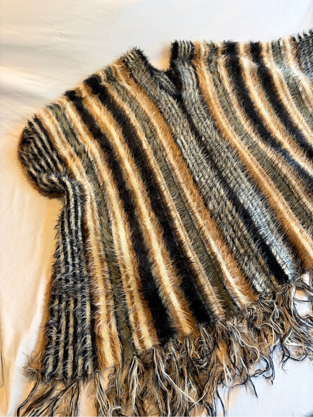The Moon Fuzzy Striped Poncho Fringe Boho Shaggy Knit Earth Tones One Size